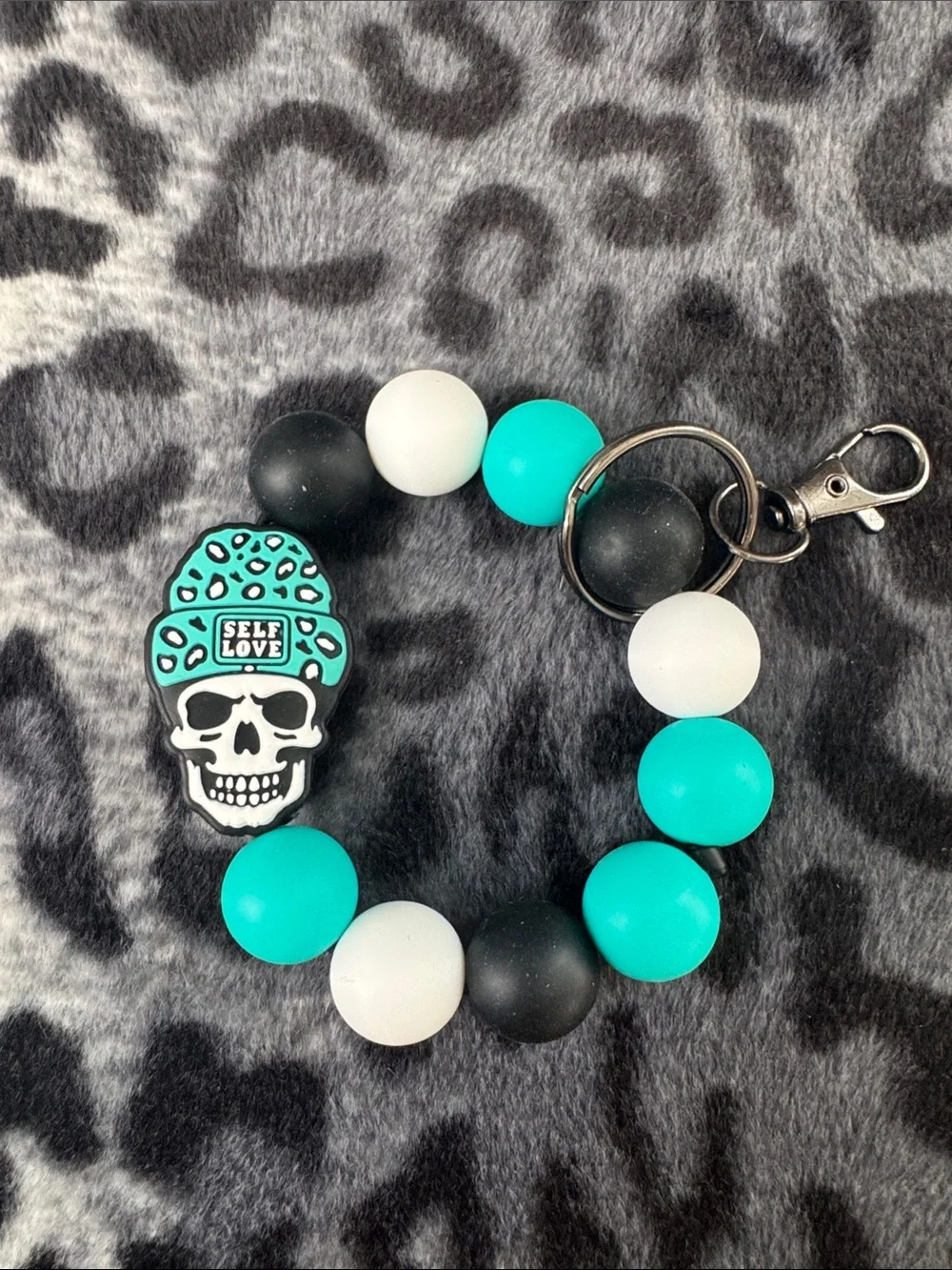 Self Love Skull Beaded Key Ring - Teal, Black & White